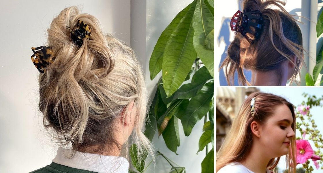 Small Square hair claws in a stylish up-do for thick hair from Tegen Accessories