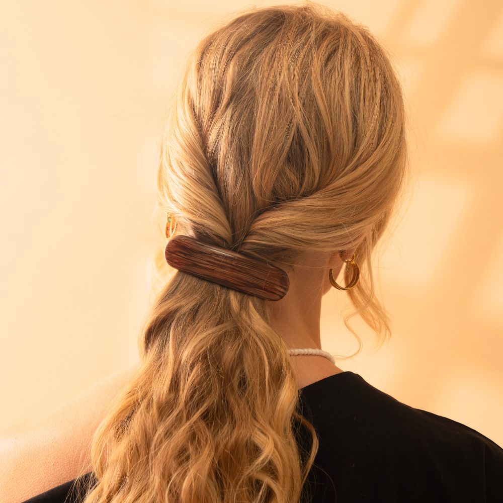 Coastal beachwood brown hand painted barrette clip with rubber grip at Tegen Accessories
