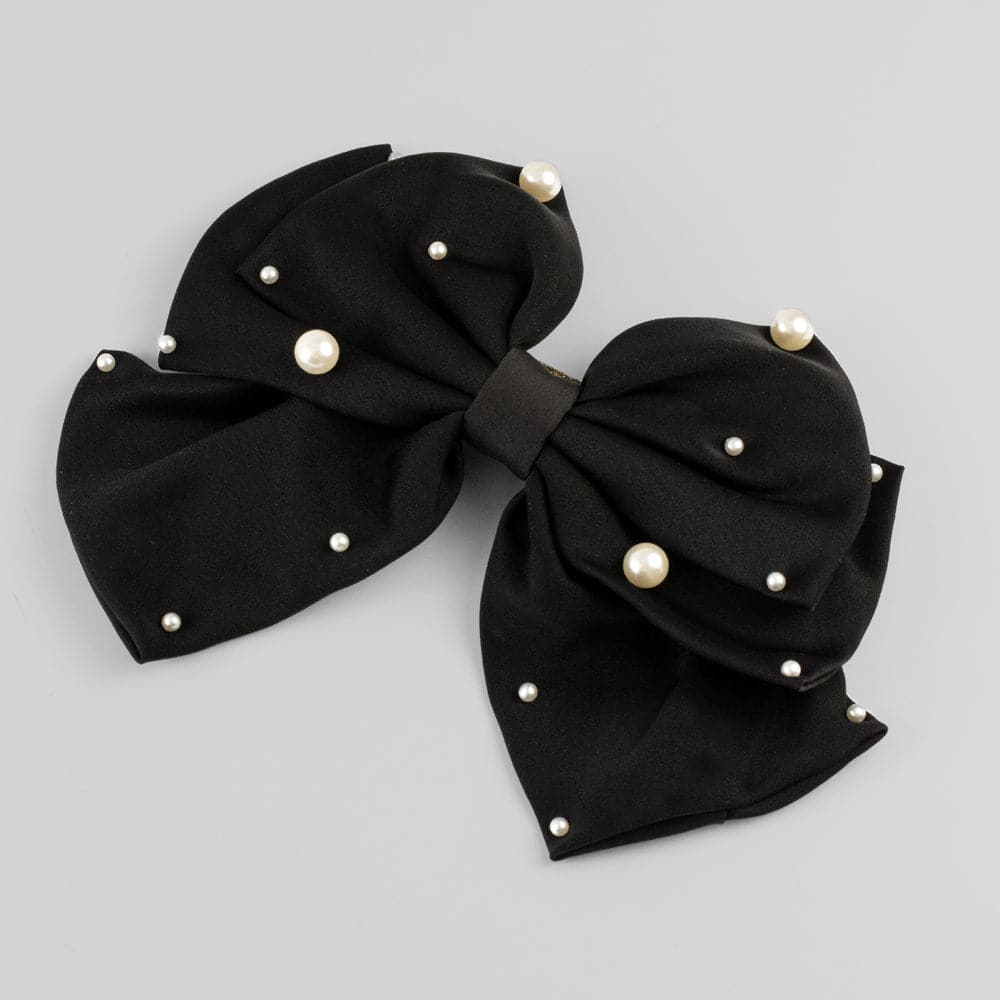Large Fabric Pearl Bow Barrette Swarovski Crystal in Black at Tegen Accessories