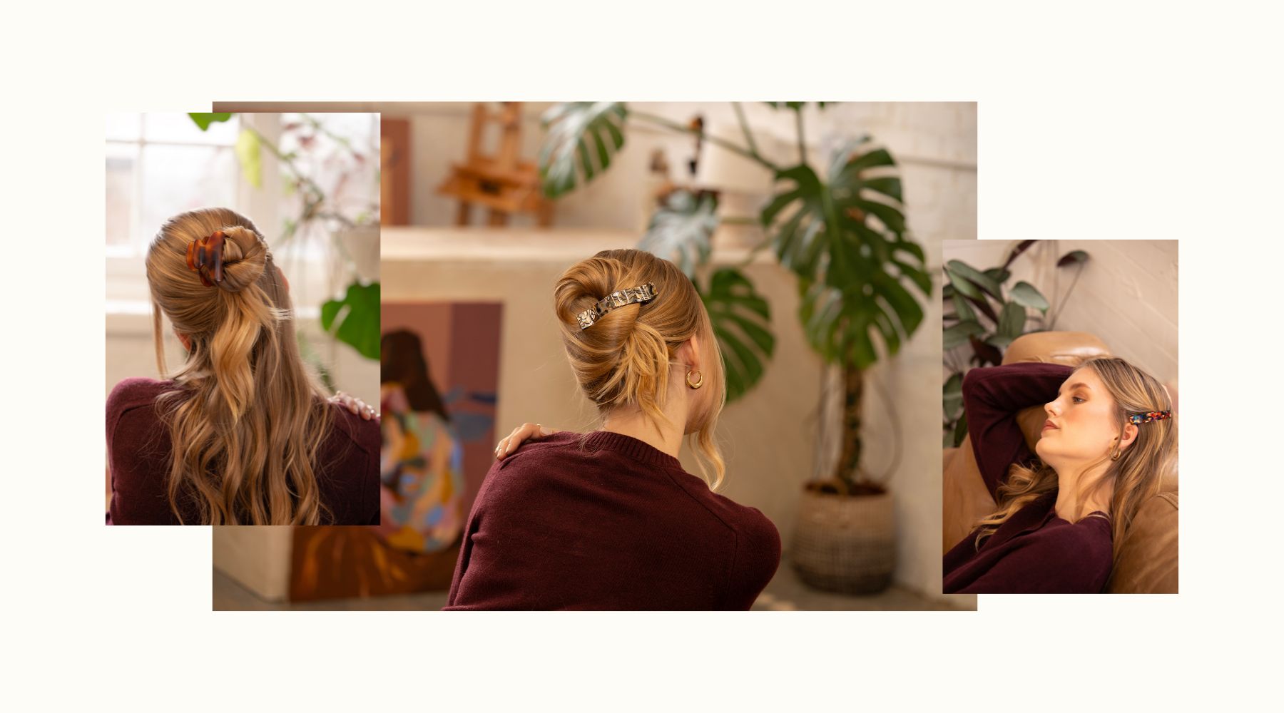 Collage of a woman with styled hair in different settings