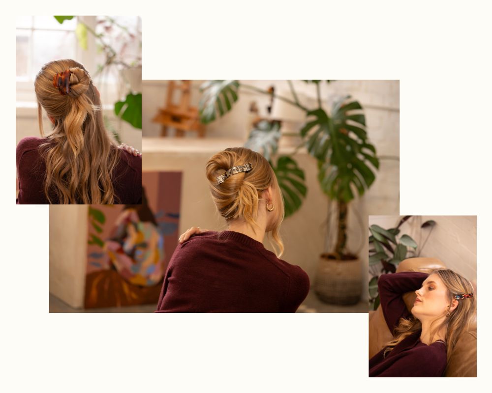 Collage of a woman with styled hair in various settings