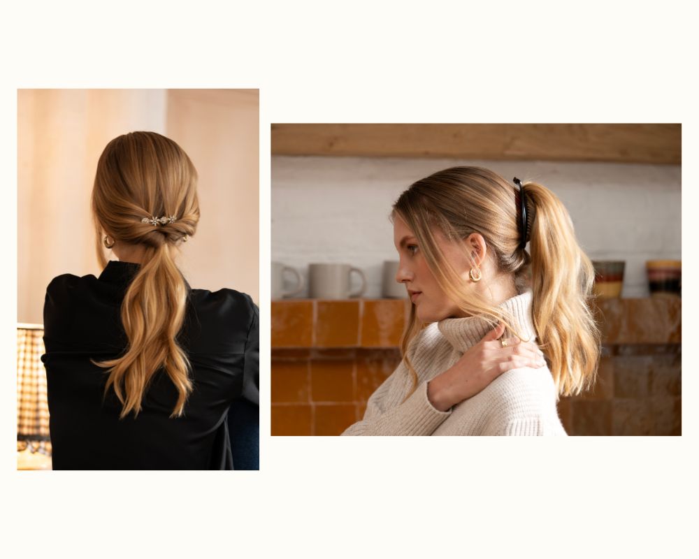 Two views of a woman with a ponytail, one from behind and one from the side.