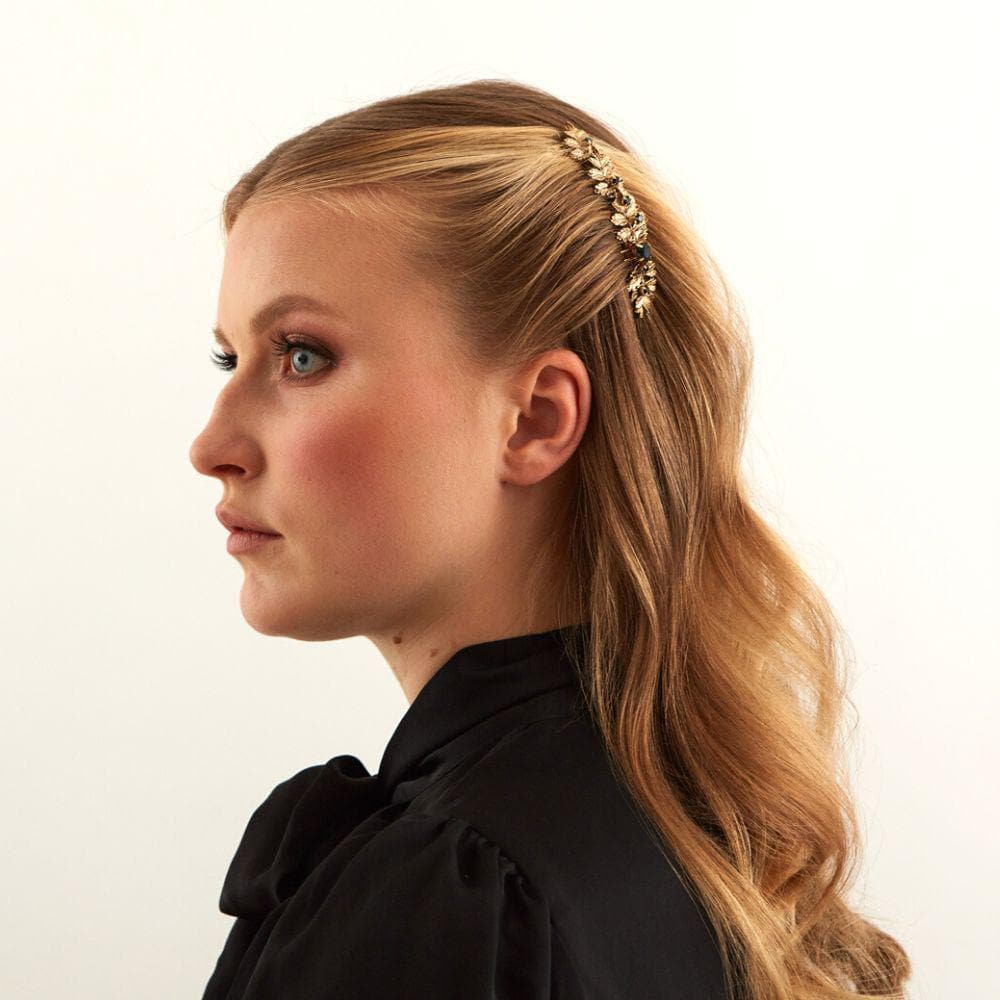 Gold Floral & Crystal Hair Comb Crystal at Tegen Accessories |Blue Crystal