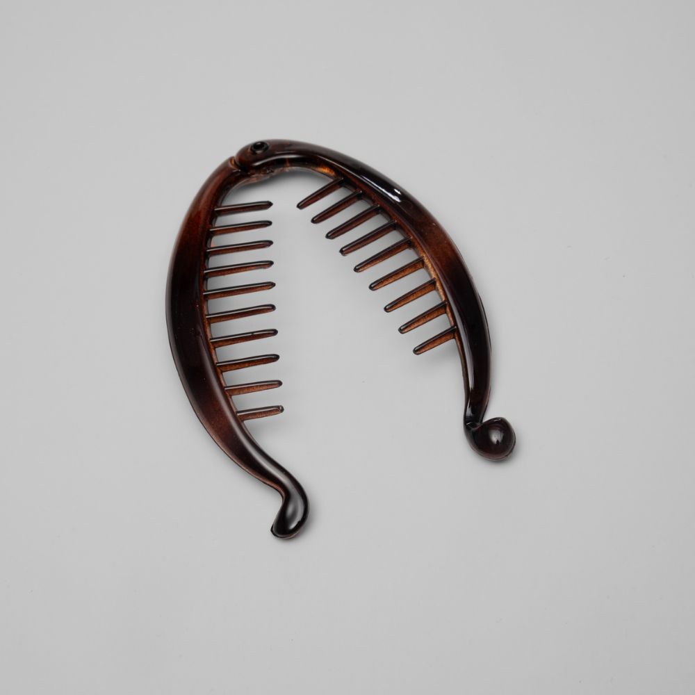Open mini banana hair clip in tortoiseshell at Tegen Accessories