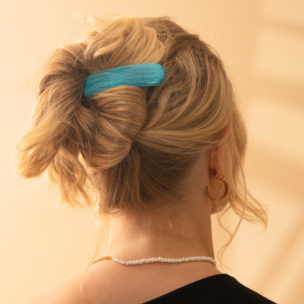 Coastal ocean blue hand painted barrette clip with rubber grip at Tegen Accessories