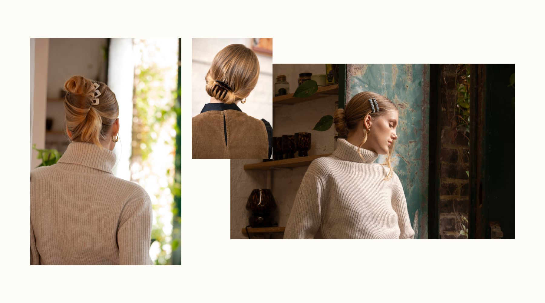 Woman with styled hair in a bun wearing a beige sweater, with close-up shots of the bun.
