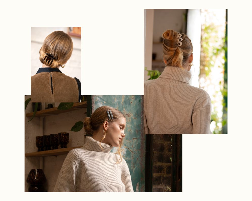 Collage of a woman with a hair clip in her bun, wearing a beige sweater.