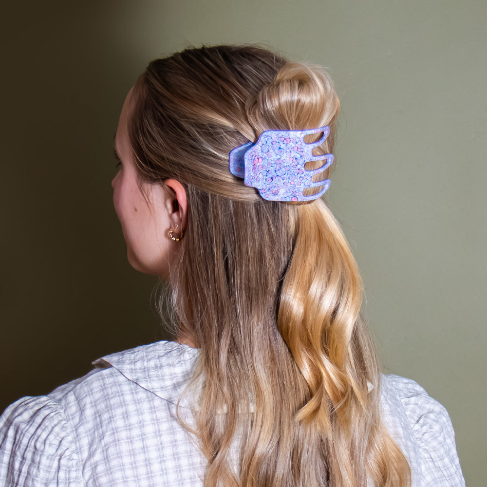 Side hair claw clip floral design with extra teeth for grip in blue and pink