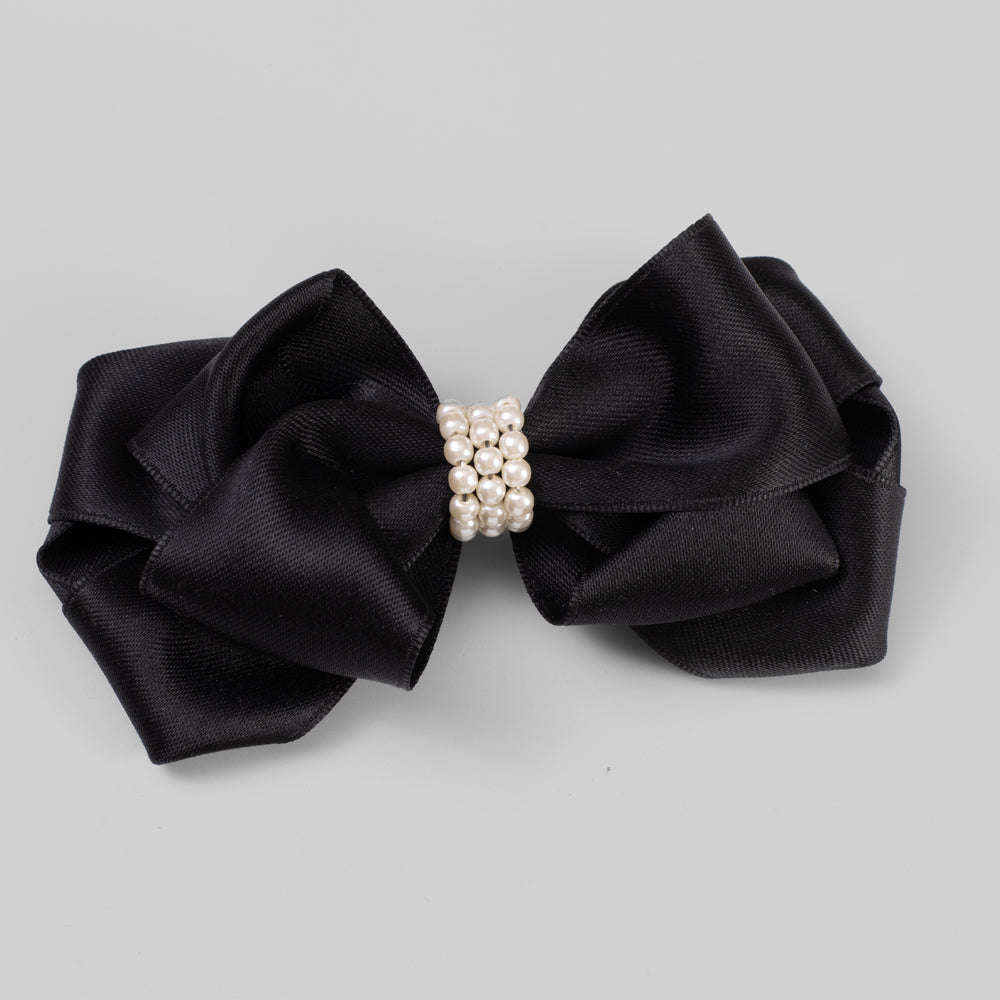 Handmade Satin Pearl Bow Barrette in Black at Tegen Accessories