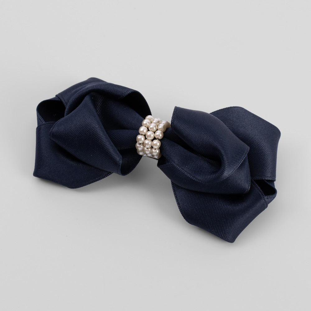 Handmade Satin Pearl Bow Barrette in Navy at Tegen Accessories