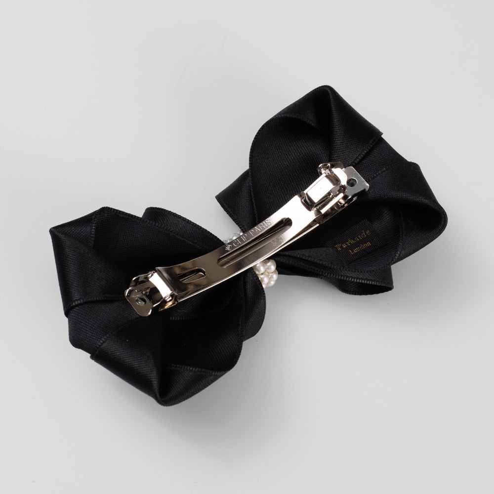 Handmade Satin Pearl Bow Barrette in Black at Tegen Accessories