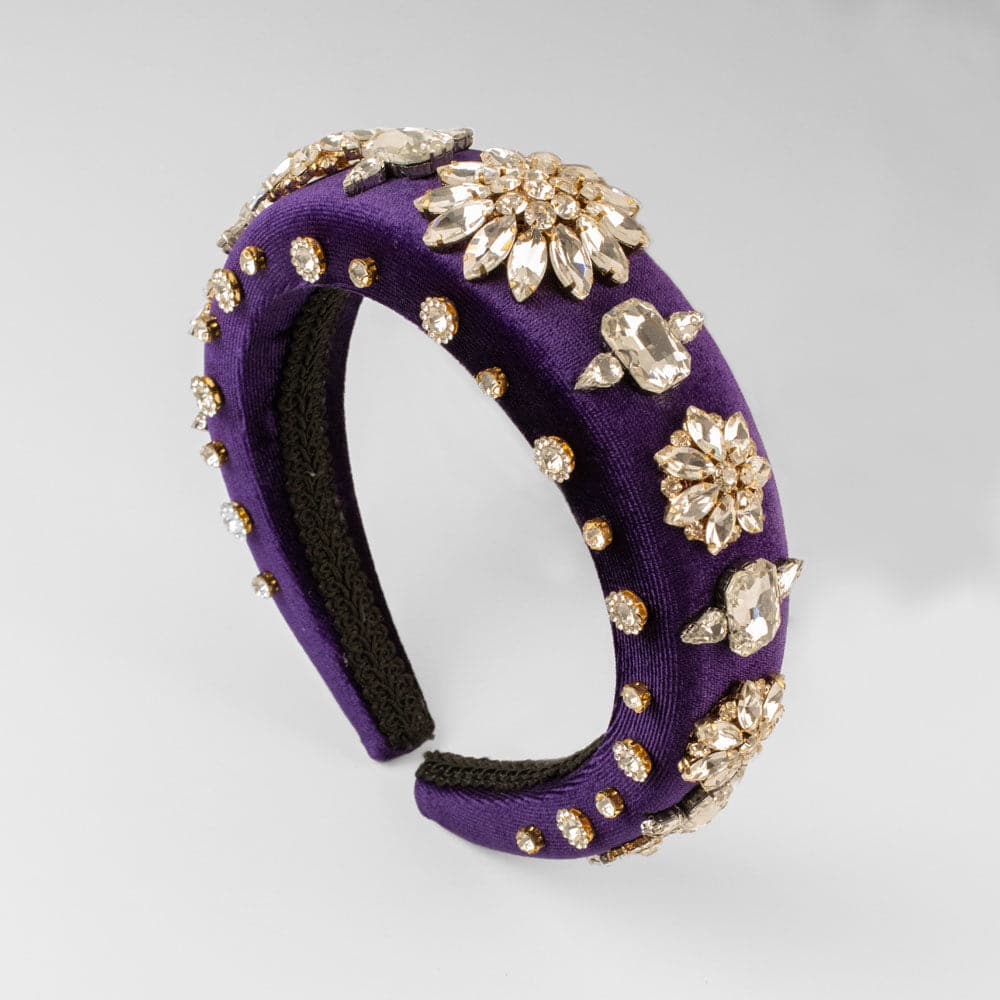 Padded Velvet Crystal Flower Headband in Purple by Rosie Fox at Tegen Accessories