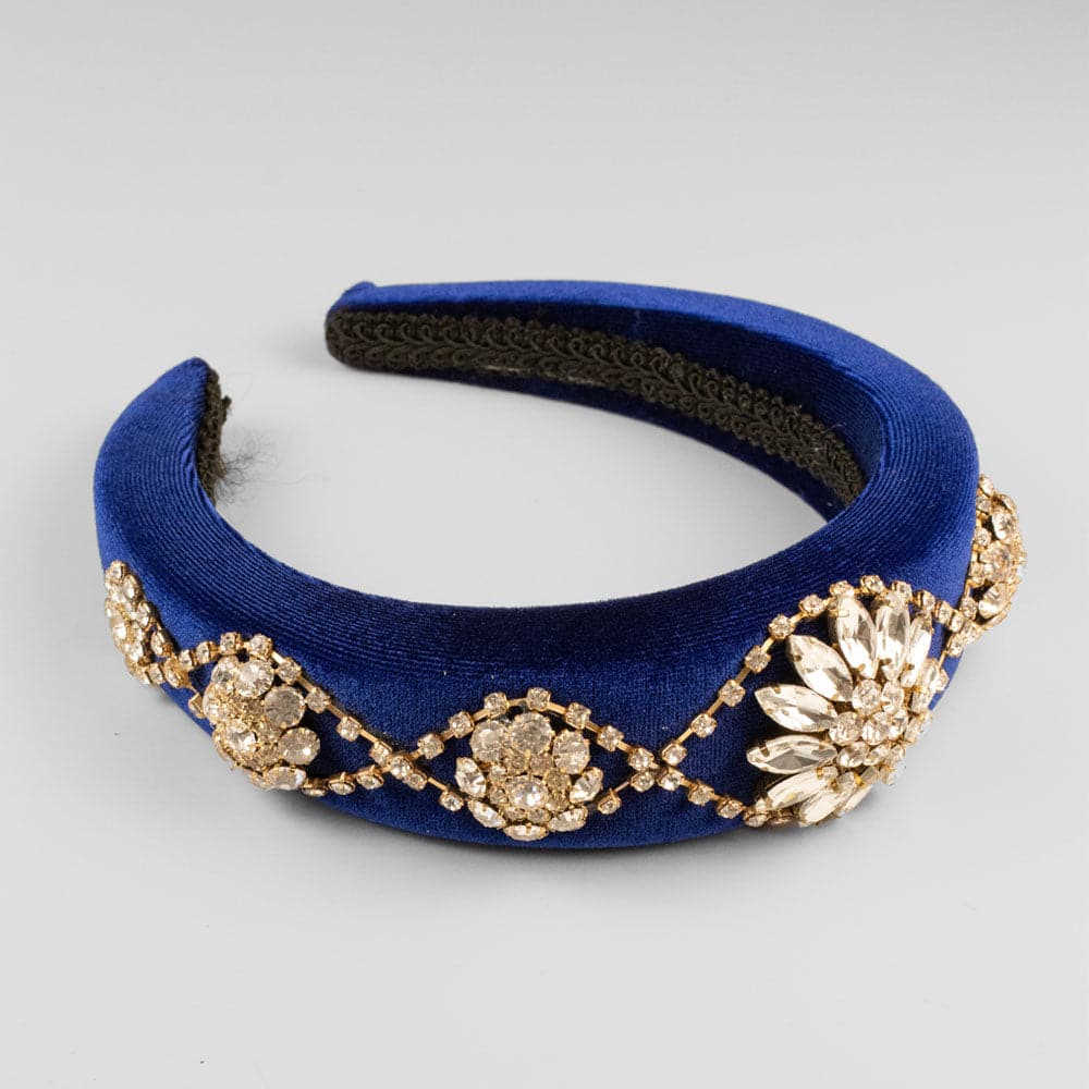 Padded Velvet Crystal Swirl Flower Headband by Rosie Fox at Tegen Accessories |Royal Blue