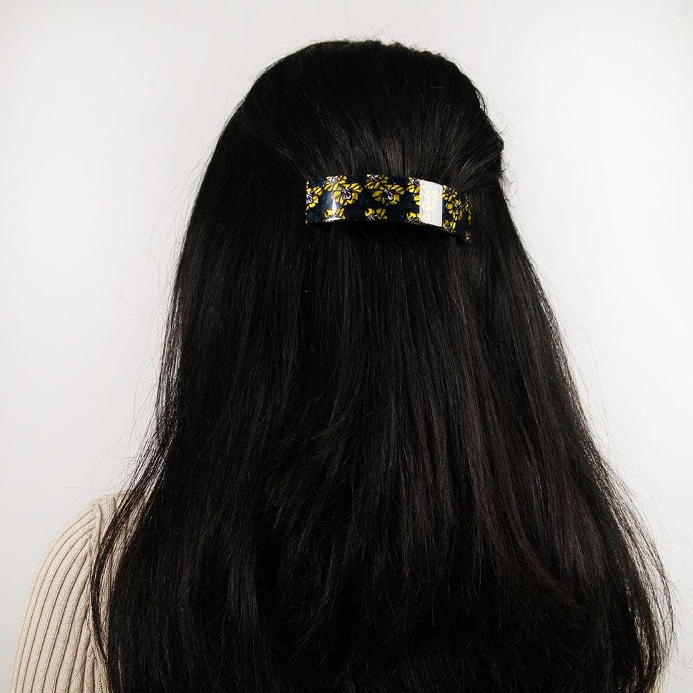 Arched Barrette Hair Clip Handmade French Hair Accessories at Tegen Accessories |Navy/Yellow Floral