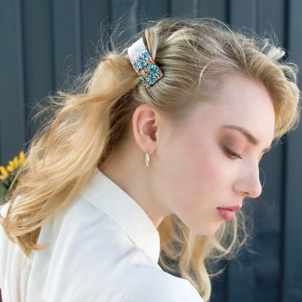 Arched Barrette Hair Clip Handmade French Hair Accessories at Tegen Accessories |Mint/Peach Floral