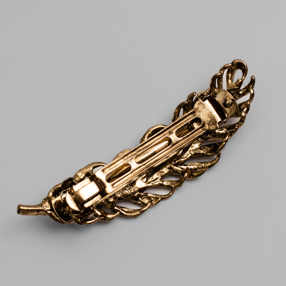 Antique gold feather crystal barrette clip at Tegen Accessories