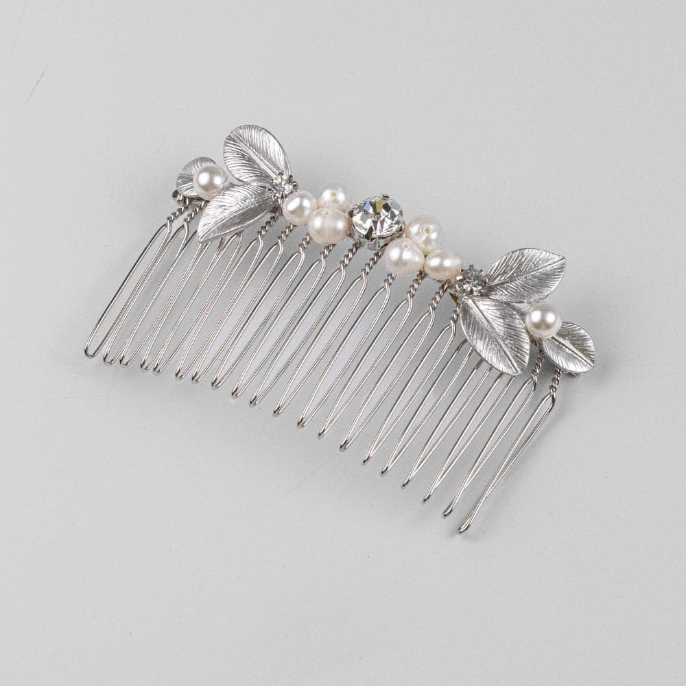 Floral Pearl & Crystal Hair Comb Crystal in Silver at Tegen Accessories