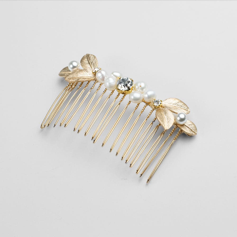 Floral Pearl & Crystal Hair Comb Crystal in Gold at Tegen Accessories