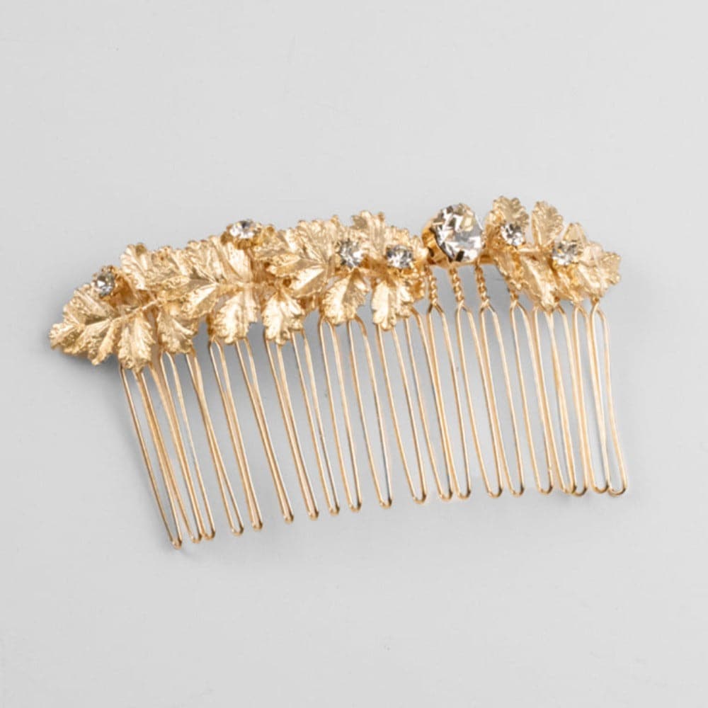 Gold Floral & Crystal Hair Comb Crystal in Clear Crystal at Tegen Accessories