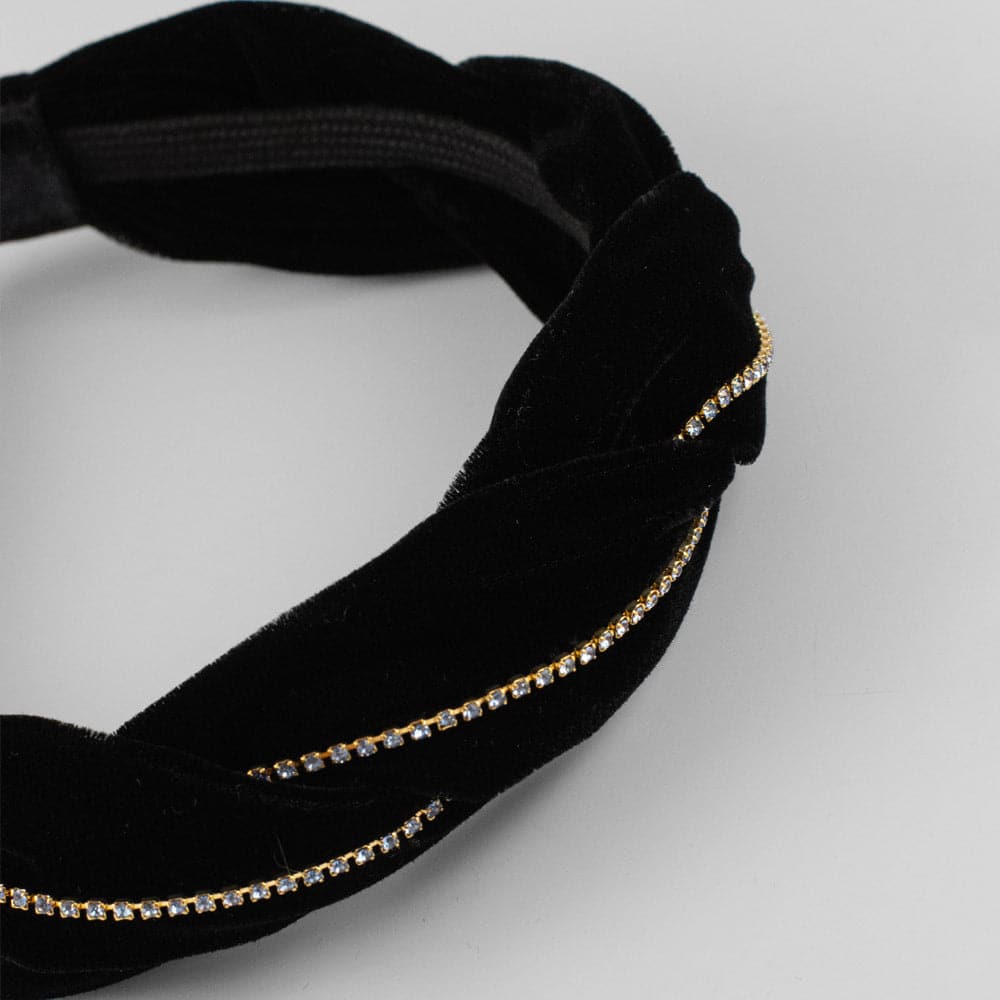 Handmade Swarovski Crystal Velvet Twist Headband in Pewter Crystal and Black on Tegen Accessories