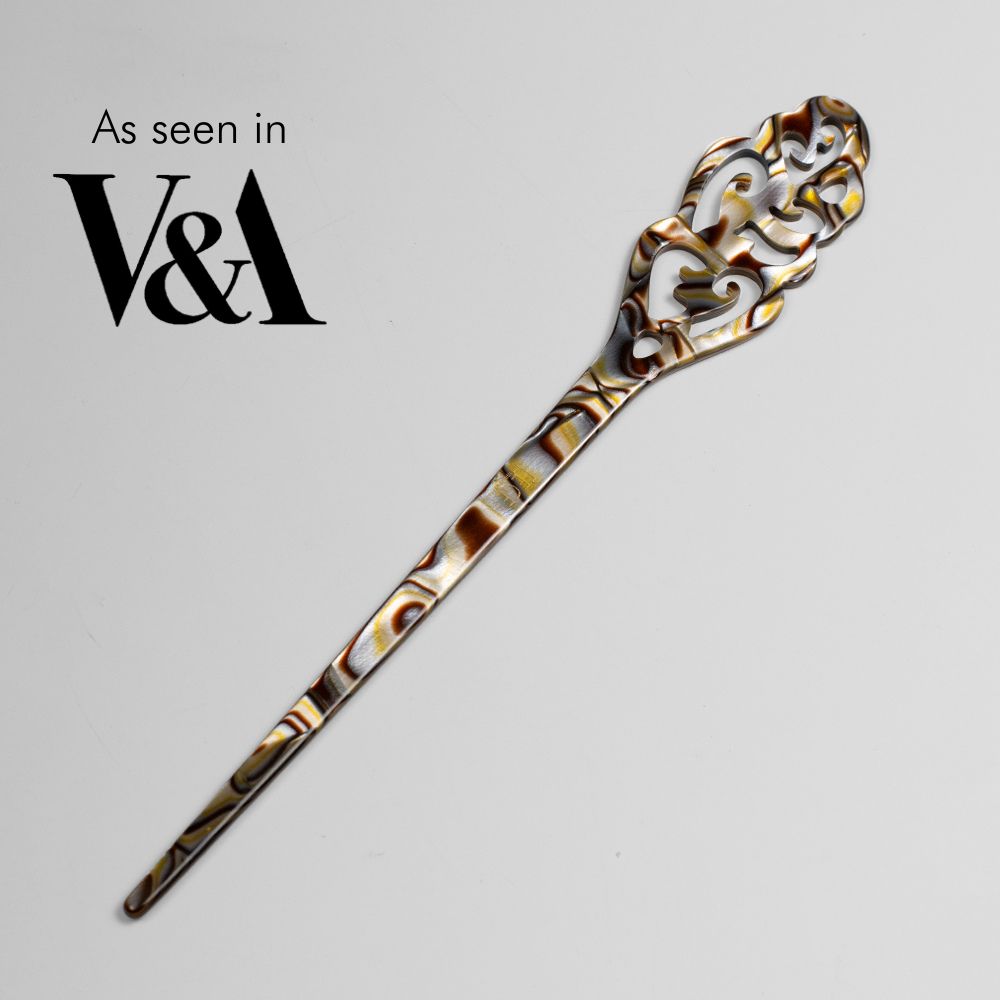 Long filigree hair pin featured in victoria and albert museum at Tegen Accessories