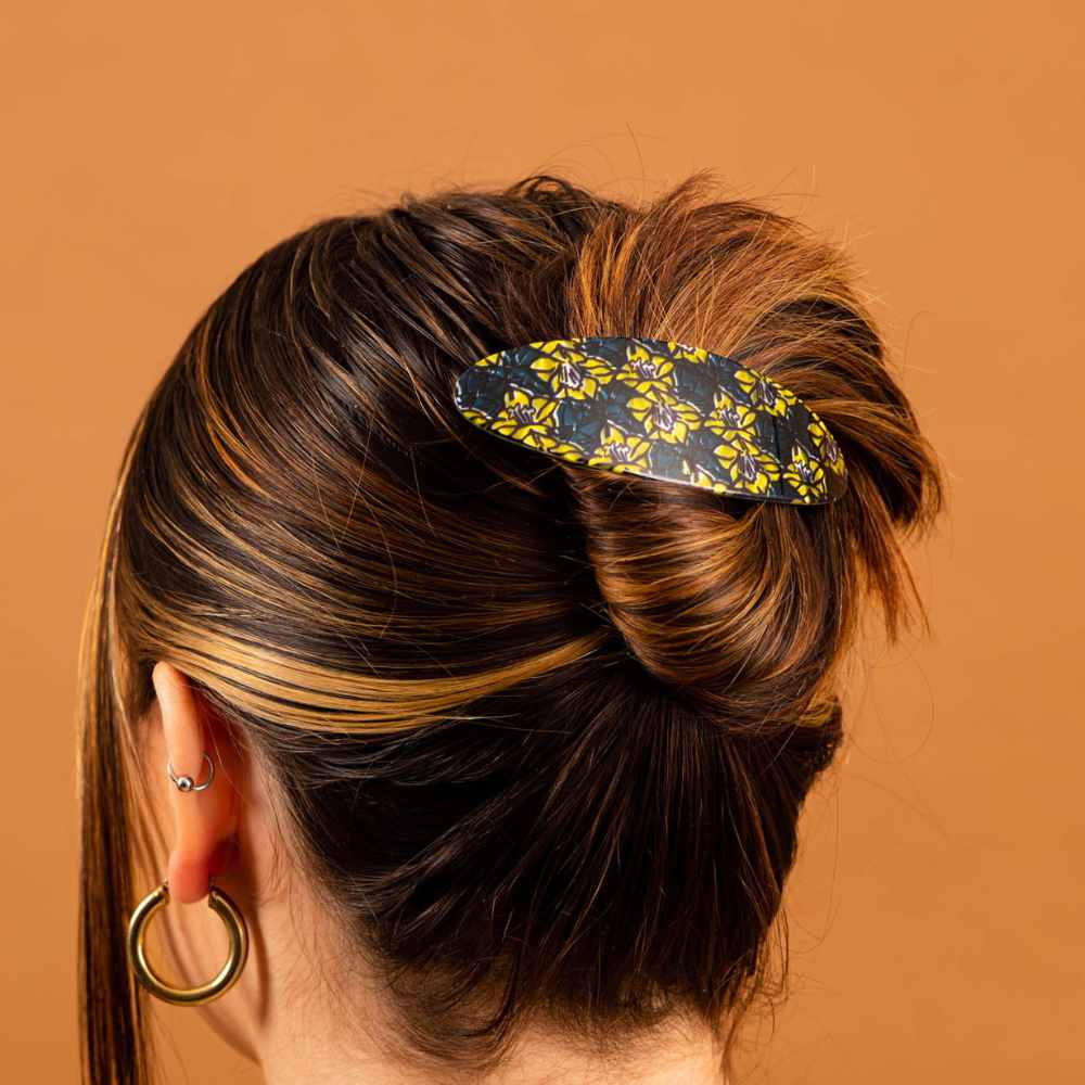 Oval Barrette Clip Handmade French Hair Accessories at Tegen Accessories |Navy/Yellow Floral