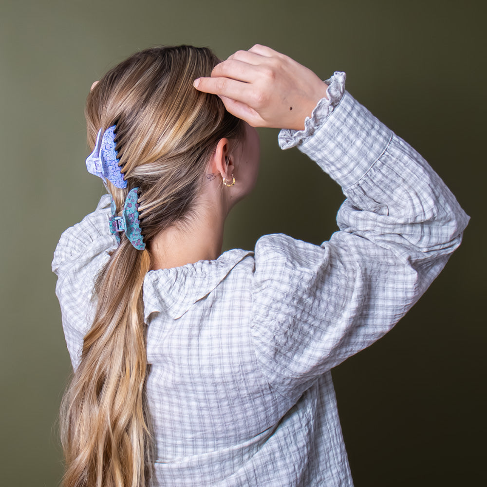 Small hair claw clip in floral design blue green and pink