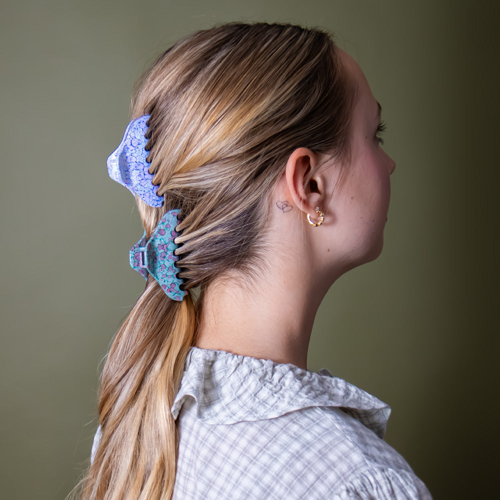 Small hair claw clip in floral design blue green and pink